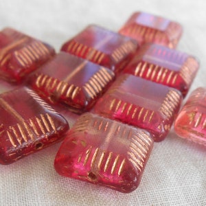 Four 14mm x 6mm fuchsia pink with gold accents table cut carved Czech square flat glass bead, chunky pink bead C63101 image 2