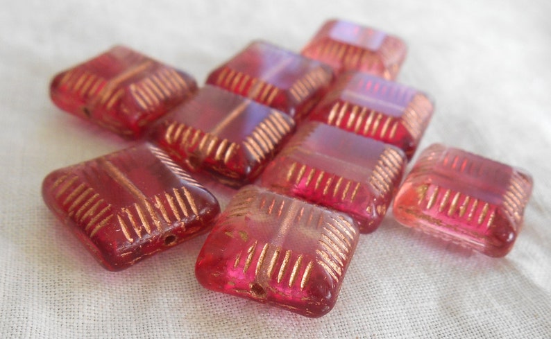 Four 14mm x 6mm fuchsia pink with gold accents table cut carved Czech square flat glass bead, chunky pink bead C63101 image 2