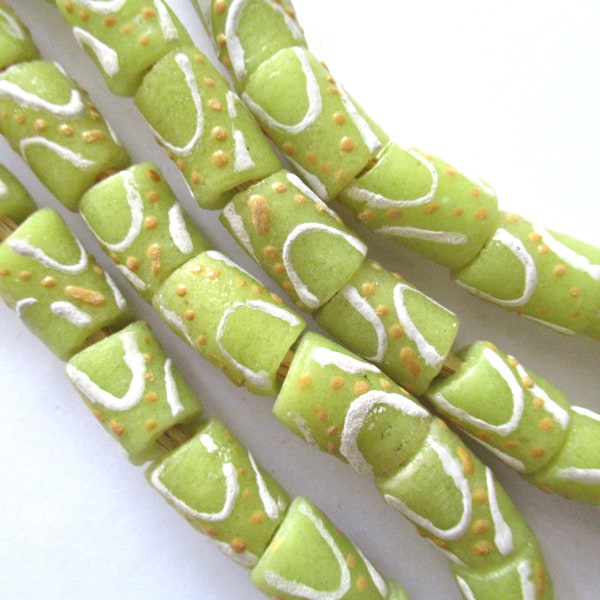 8 sand cast African Ghana glass tube beads - 17 - 13mm by 9 - 10mm big hole chartreuse or lime green patterned rustic, earthy beads - C00451