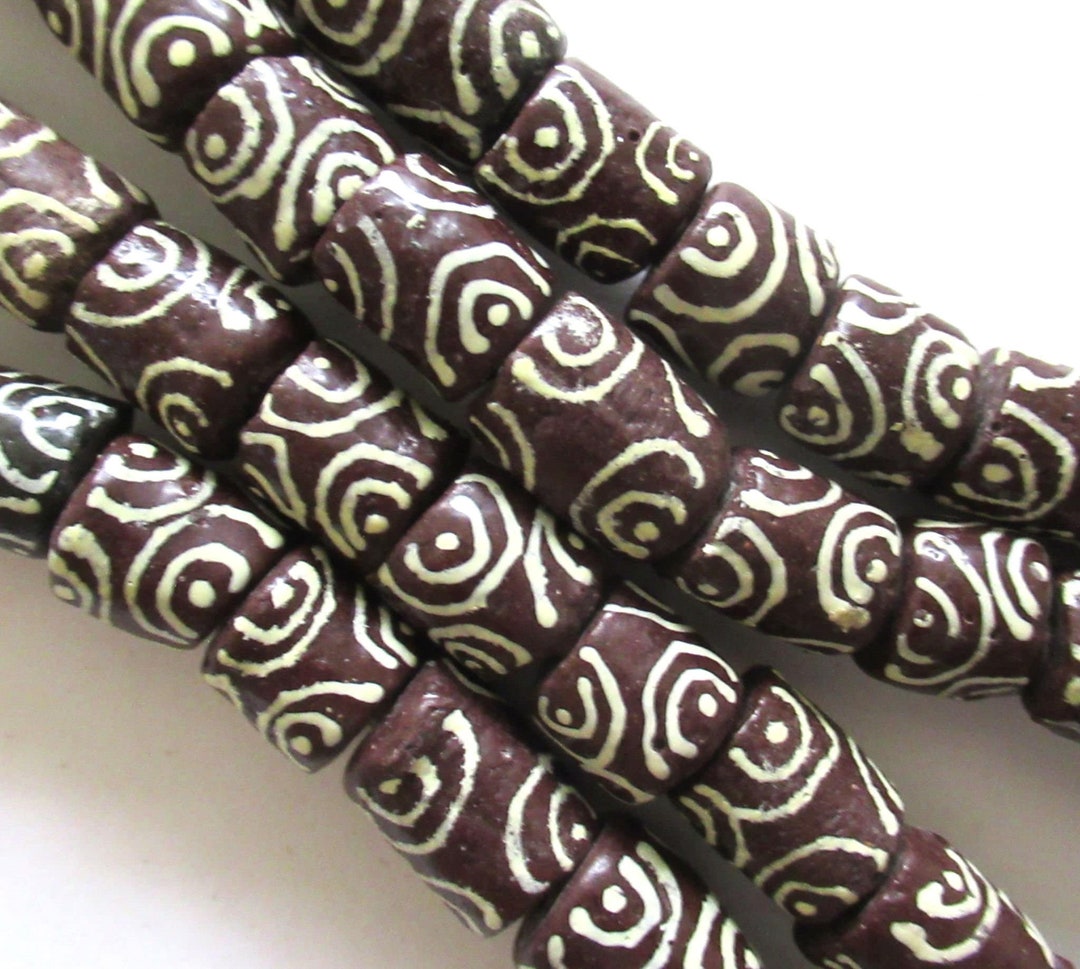 6 African Ghana Glass Cylinder Tube Beads Brown Beads With Etsy