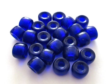 Twenty-five 9mm Czech glass pony, crow, roller beads - cobalt blue large hole beads - C0093