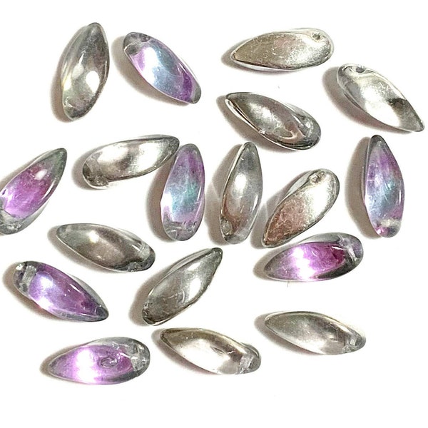 20 Czech glass twisted teardrop, petal or dagger beads - top drilled 6 x 12mm violet purple and silver pressed glass beads C0016