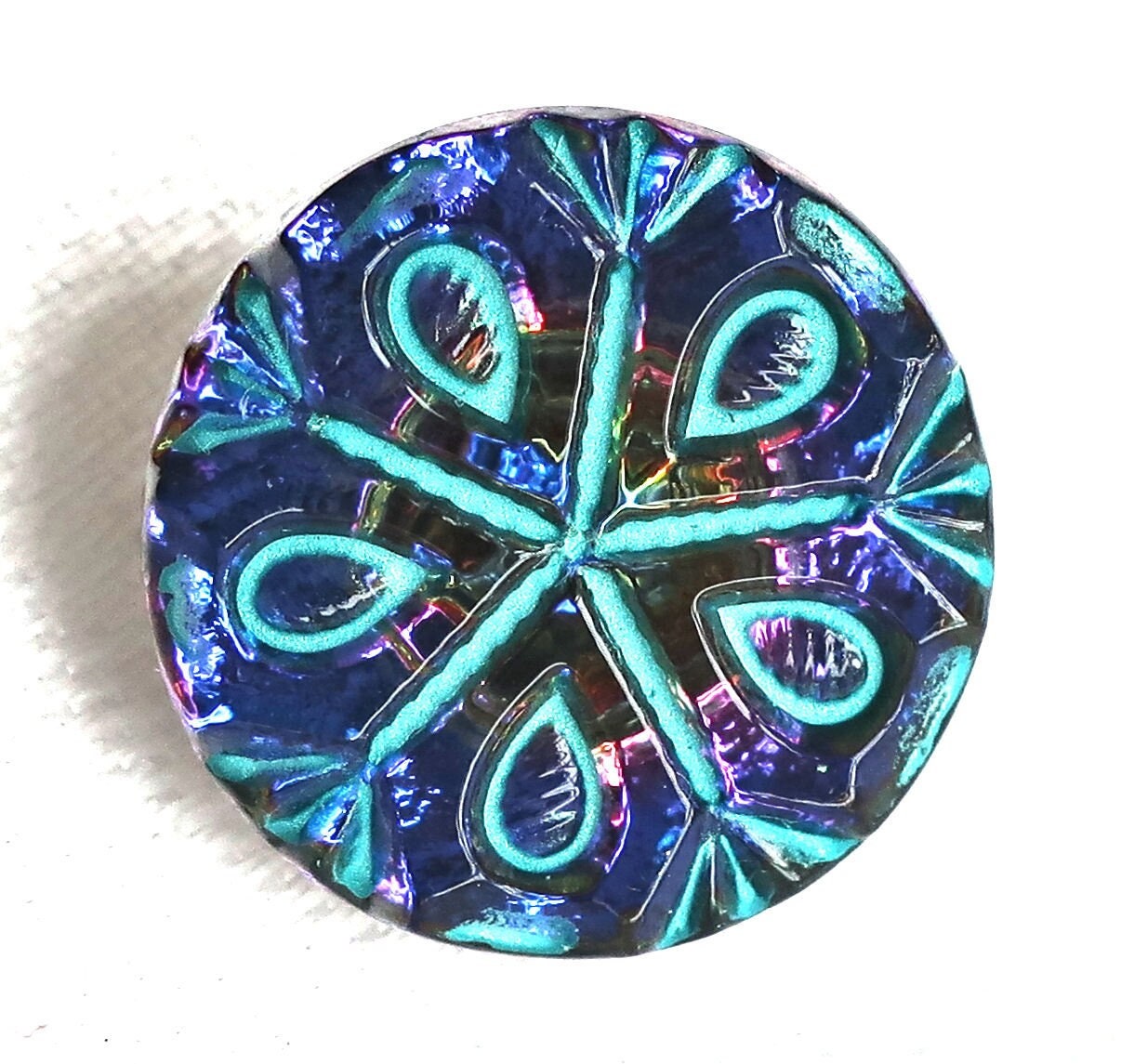 Czech Glass 18mm Round Tablecut Snowflake Electric Blue/Purple with  Turquoise Wash Button by Raven's Journey 