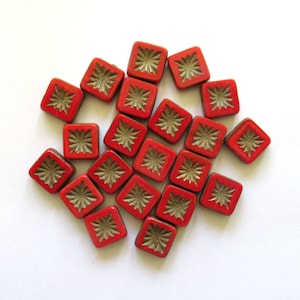 Ten 10mm x 10mm Czech glass square beads - red carved, table cut bead with matte gold picasso accents -  C00801