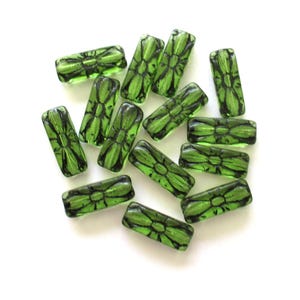 Five 20 x 8mm rectangular flower tube beads -  olivine green with a black wash - Czech glass rectangle bead C0049
