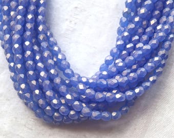 50 4mm Czech glass beads, Sueded Gold Sapphire Blue fire polished, faceted beads. with a golden finish C9601