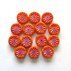 6 Czech glass coin beads - 12mm - orange opal Aster flower disc beads with pink accents - thick flat round beads - 00201