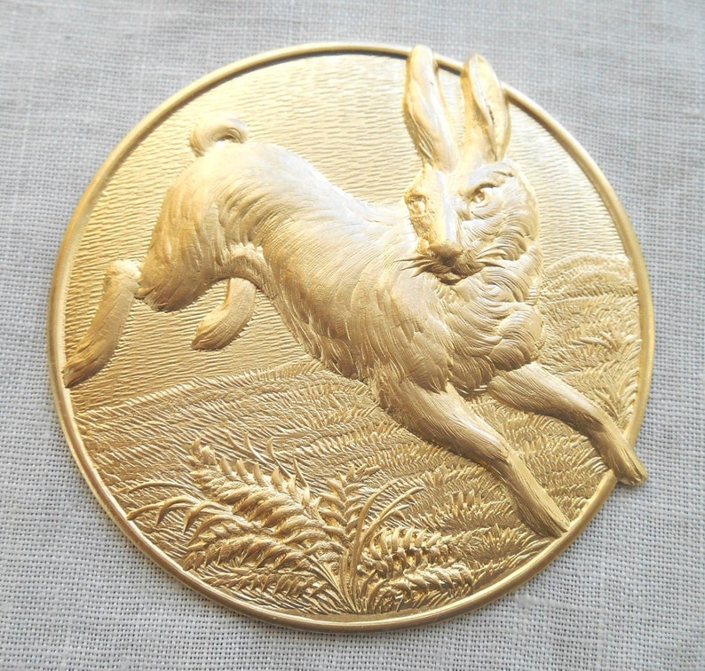 1 Large Raw Brass Stamping Victorian Bunny Rabbit Medallion Etsy