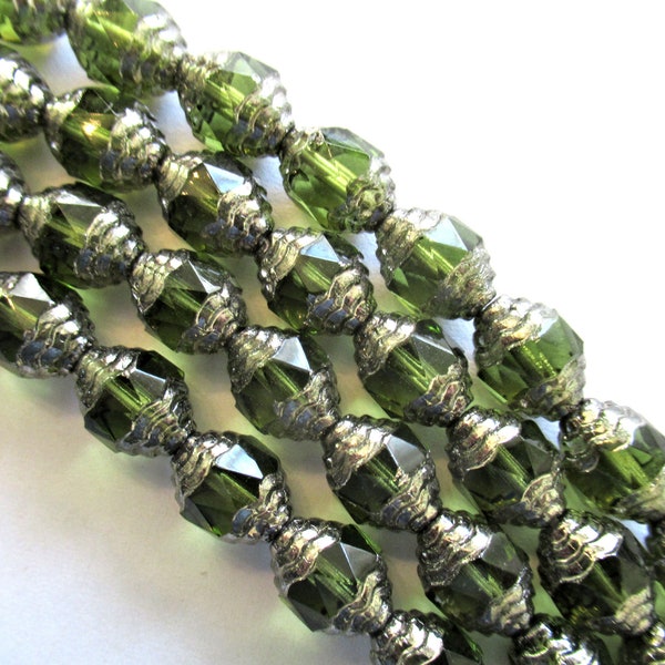 25 Czech glass fire polished faceted fancy antique cut oval cathedral beads - 10 x 8mm olivine green beads with silver accents - C00581