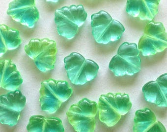 10 Czech glass maple leaf beads - transparent blue green mix leaves - center drilled - vaseline glass - 13 x 11mm leaves-  C00011