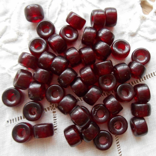 25 9mm Czech Garnet, Ruby Red glass pony roller beads, large hole crow beads, C0064