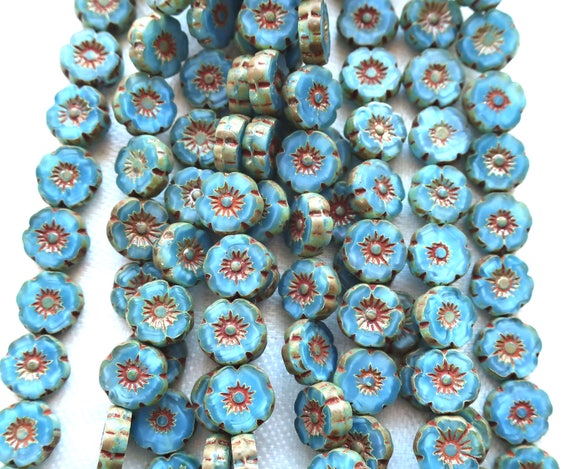 25 8mm Czech glass flower beads light marbled blue with brick | Etsy