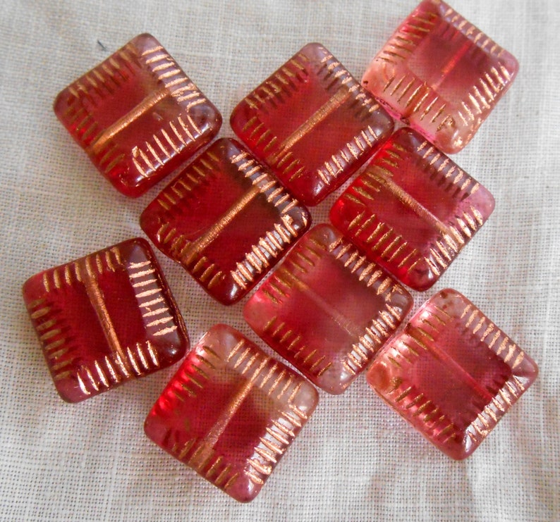 Four 14mm x 6mm fuchsia pink with gold accents table cut carved Czech square flat glass bead, chunky pink bead C63101 image 1