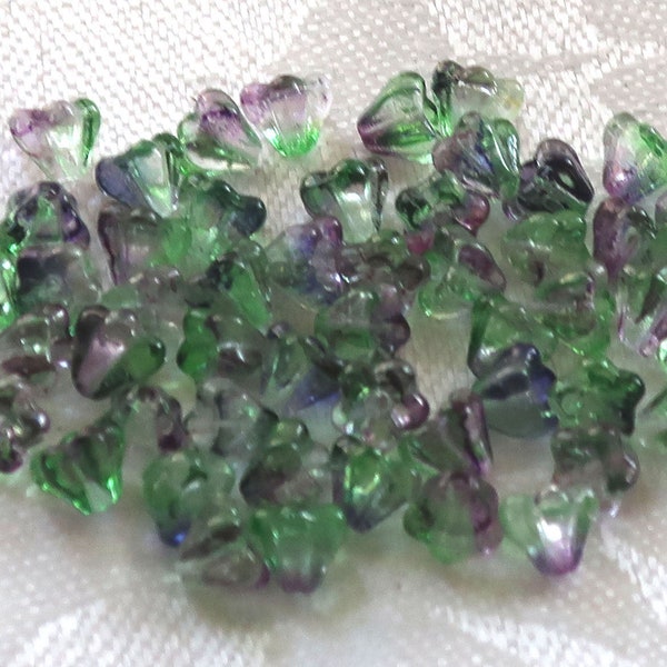 Lot of 50 6mm x 4mm  Blueberry Green Tea baby Bell Flower Czech glass beads, blue/violet & green pressed glass beads C0089