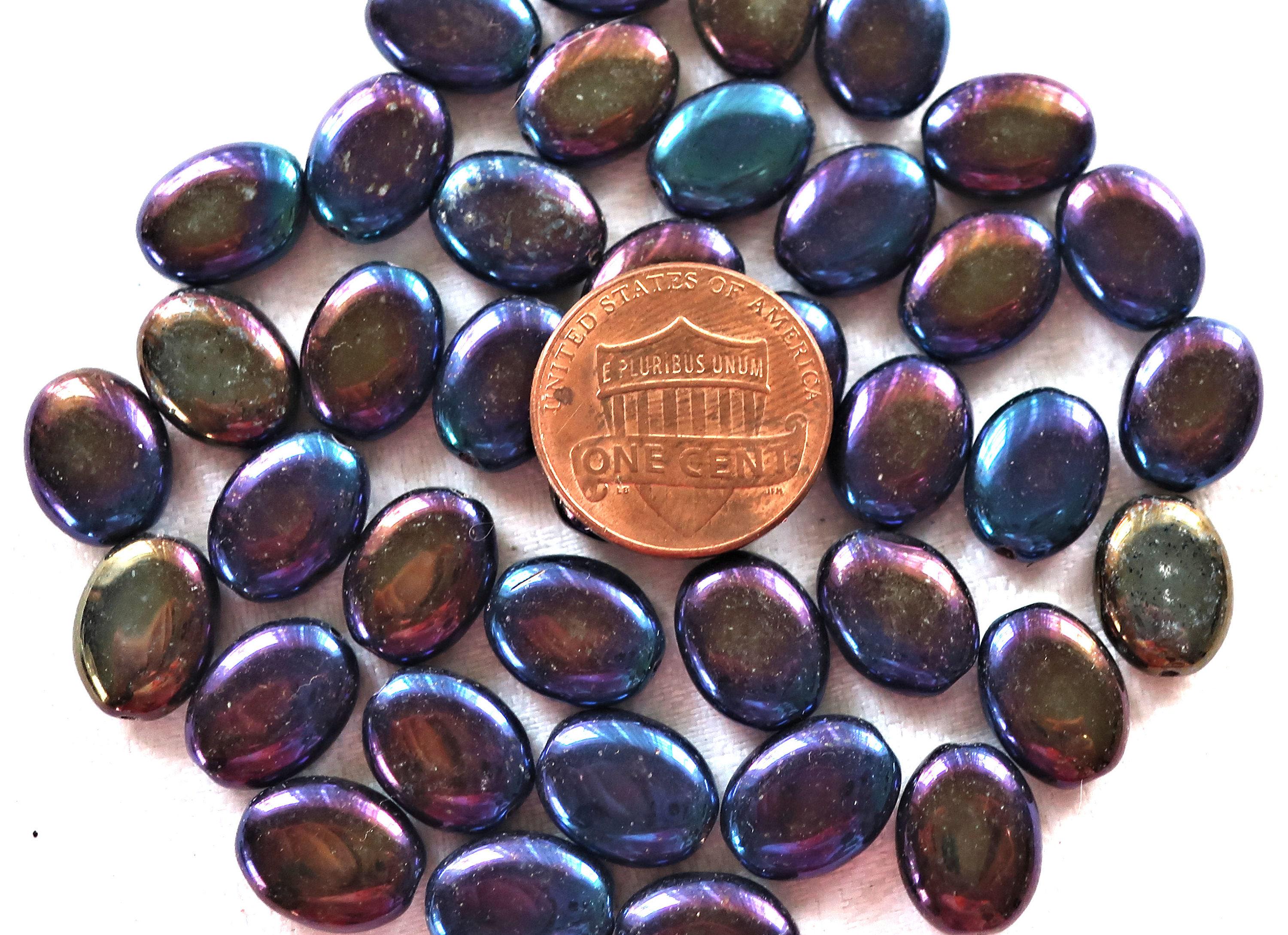 24 Purple Iris Flat Oval Czech Glass Beads, 12mm X 9mm Pressed