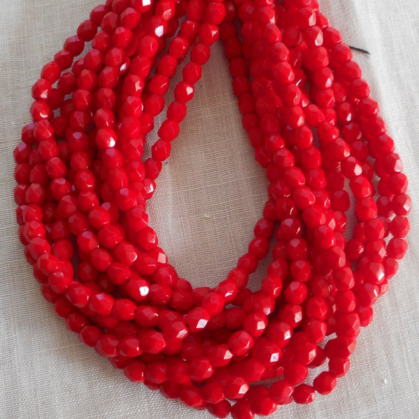 50 4mm Czech Opaque Bright Red beads, faceted, round, firepolished glass beads C4950