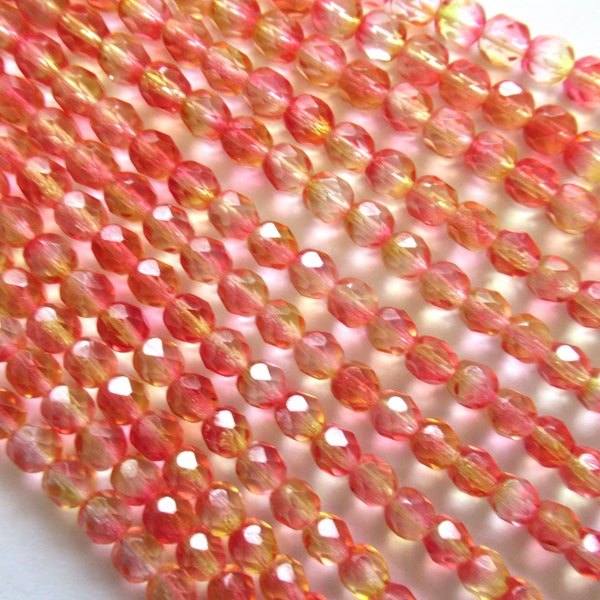 25 6mm Czech glass beads - fuchsia lemon dual coated pink & yellow / orange - faceted round fire polished beads 0075