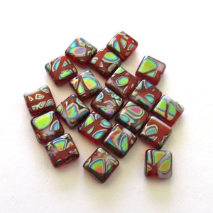 Lot of ten 11mm Czech glass square beads - red & white beads with an iridescent peacock finish - C00711