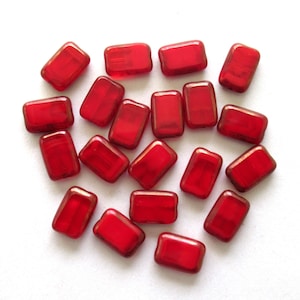Ten Czech glass rectangle beads - 8 x 12mm - marbled opaque and transparent red w/ a bronze Picasso finish along the edges - C0221