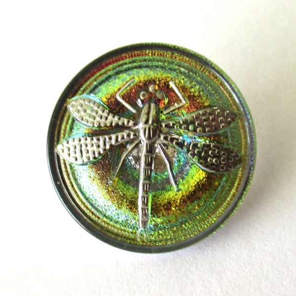 One 22mm Czech art glass dragonfly button -  iridescent green, yellow and pink with silver dragonfly - decorative shank button 00552