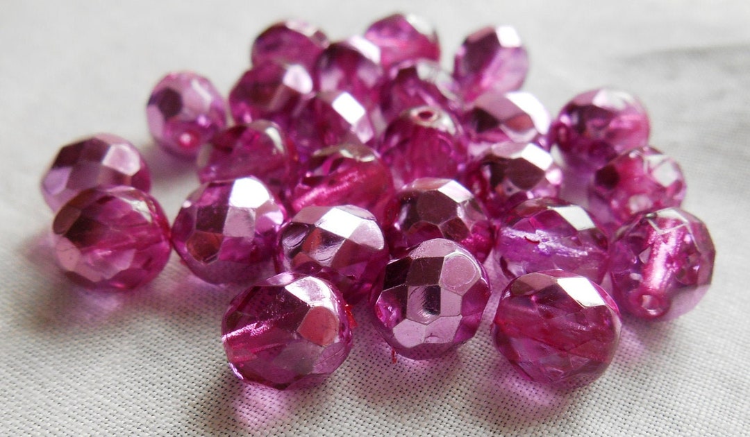 25 8mm Pink Rose Metallic Ice, Faceted Round Firepolished Glass