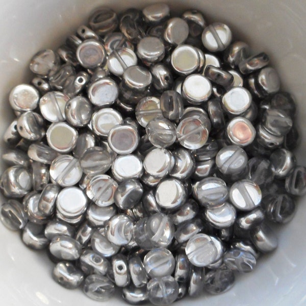 50 6mm Czech glass flat round Crystal & Silver metallic beads, little coin or disc beads C0037