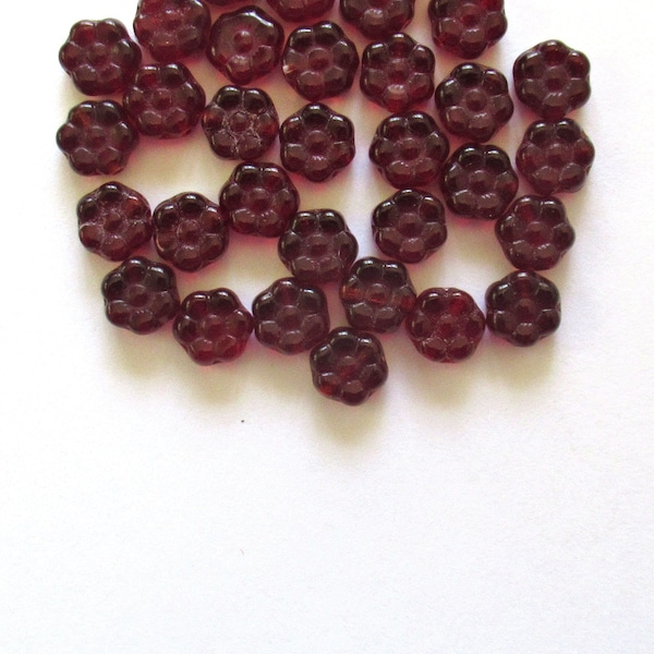 Lot of 25 6mm Czech glass flower beads - transparent garnet red beads - C0085