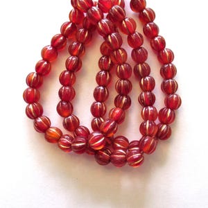 25 6mm Czech glass melon beads - transparent siam red with a gold wash - pressed glass beads - C0058