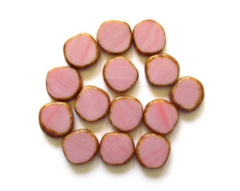 Six 15mm Czech glass asymmetrical coin or disc beads - opaque pink silk picasso beads - C00531
