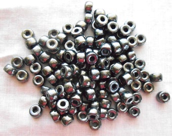 50 6mm Czech Hematite Metallic Gray glass pony roller beads, large hole crow beads, C1450