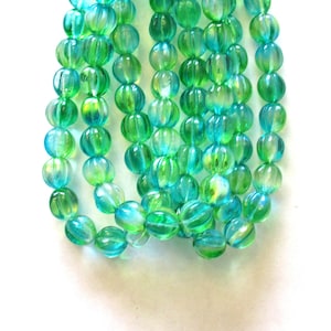 Ten 10mm Czech glass melon beads - green & blue mix pressed glass beads - C0049