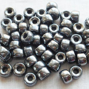 Lot of 25 9mm Czech Hematite Metallic Gray glass pony roller beads, large hole crow beads, C0086