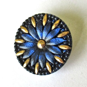 One Czech art glass button - 31mm bright blue flower button with gold accents - decorative floral shank buttons  C00054