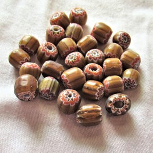 lot of 15 brown & white striped glass chevron tube beads - red and black accents - approx 8 x 10mm rustic earthy big hole barrel beads C9501