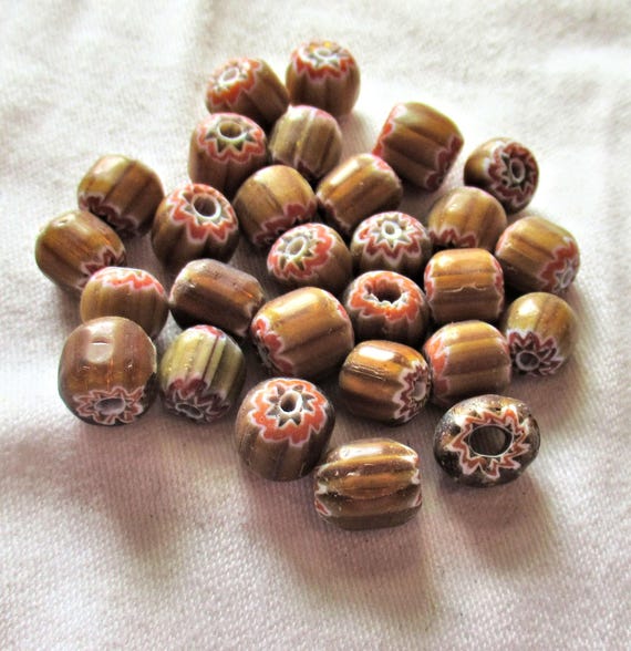 Lot of 15 Brown White Striped Glass Chevron Tube Beads Red and
