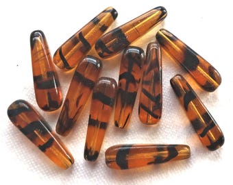 Lot of six 27 x 10mm tortoiseshell squared long teardrop Czech glass beads, pressed glass tear drops  C0009