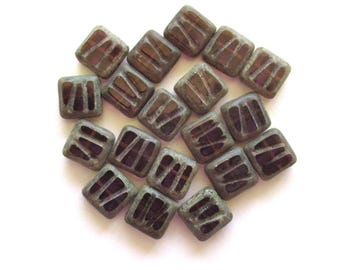 Ten 10mm x 10mm  Czech glass square beads - amethyst / purple carved, table cut, striped zebra rustic, earthy beads C0029