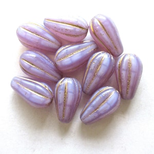 Ten Czech glass teardrop melon beads - silky lavender purple lilac opal w/ gold accents - 15 x 8mm tear drops 00851