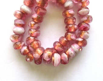 Ten Czech glass roller beads - 8.5 x 5mm pink & white marbled glass w/ copper linings, faceted roller, rondelle, big 3.5mm hole beads C00171