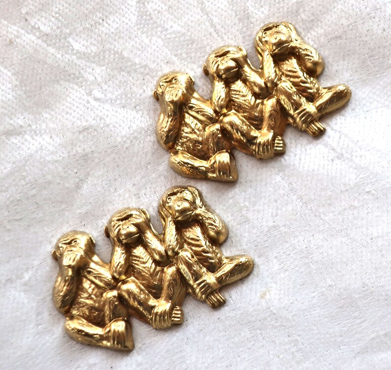 lucky monkyes pendants charms USA made C4902 Two sets three monkeys; speak see /& hear no evil monkey raw brass stampings 18.5 x 12mm