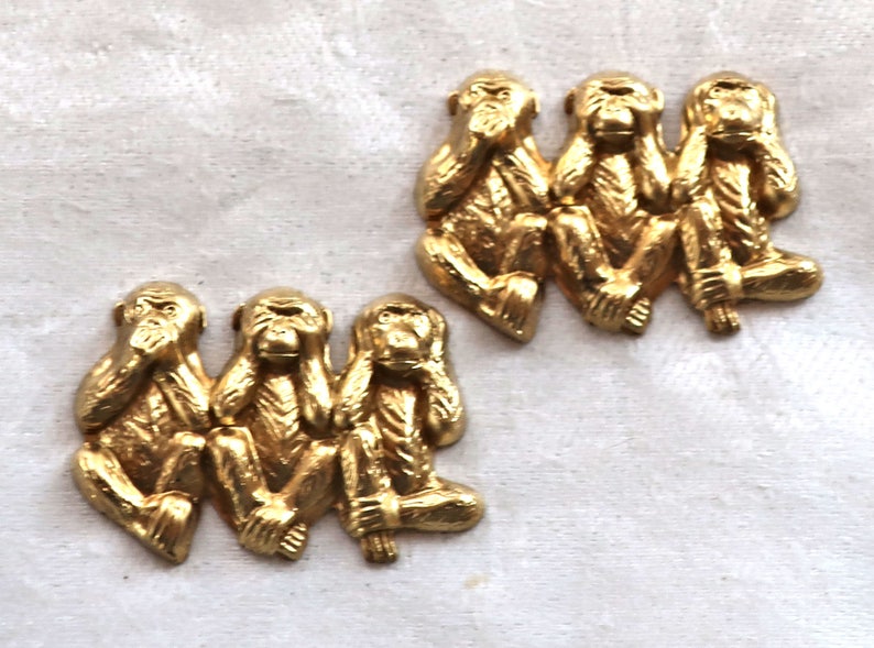 lucky monkyes pendants charms USA made C4902 Two sets three monkeys; speak see /& hear no evil monkey raw brass stampings 18.5 x 12mm