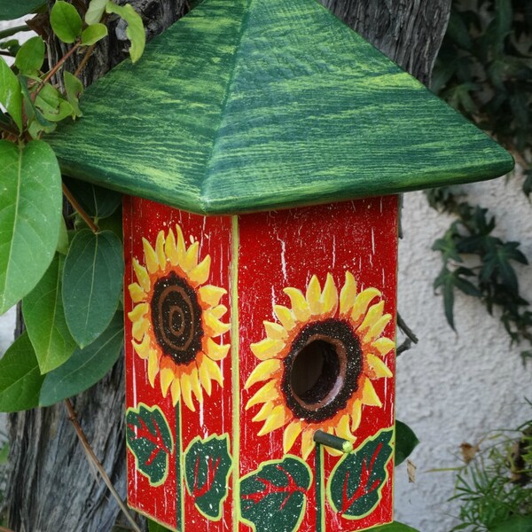 Sunflower Bird Abode - Painted Handmade Wooden Bird House