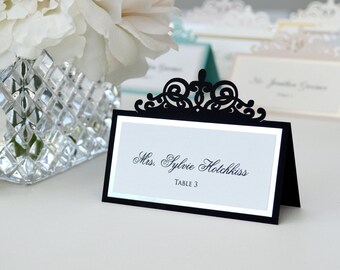 Black Laser Cut Place Card with Silver or Gold Accent - Escort Card - Custom Placecard for wedding, bridal shower, quince, sweet 16