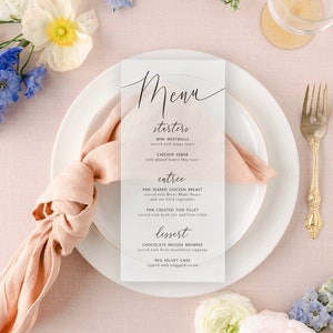 Vellum Wedding Menu - Black or White Ink on Translucent Vellum Paper - Custom Menu - Dinner Menu Card