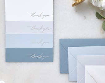 16 Piece Blue Ombre Thank You Card Set - Silver or Gold Foil Stamped Thank You - Folding Cards with Envelopes - Wedding Thank You Notes