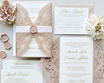 STAVROULA - Nude Pink Shimmer Laser Cut Wedding Invitation Suite with Gold Foil Printing on Matte Ivory Card Stock - Blush Wedding Invite
