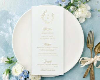 Leafy Wreath Monogram Wedding Menu - Gold Foil Stamped Menu on Cotton Card Stock - Custom Menu - Dinner Menu Card