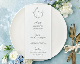 Leafy Wreath Monogram Wedding Menu - Digitally Printed Menu on Cotton Card Stock - Custom Menu - Dinner Menu Card