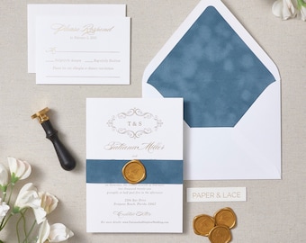 TATIANA- Gold Foil and Dusty Blue Wedding Invitation - French Blue Velvet Belly Band and Envelope Liner - Gold Foil Printing -Gold Wax Seal