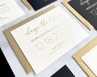 CHANGE THE DATE - Gold Foil Stamp Printing on Double Thick White Card Stock and Gold Shimmer Envelopes - Save our New Date - Postponement